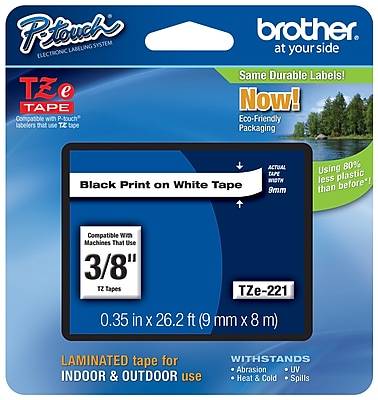 Brother P-touch TZe-221 Laminated Label Maker Tape, 3/8 x 26-2/10', Black On White (TZe-221)