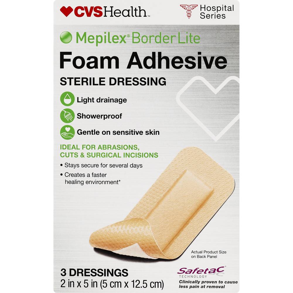 CVS Health Mepilex Border Lite Foam Adhesive Sterile Dressings, 2 IN x 5 IN, 3 CT