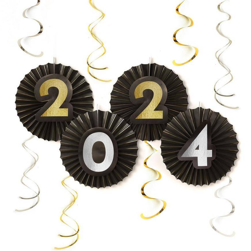 Black, Silver, Gold Graduation 2024 Fan Swirl Decorations, 12pc