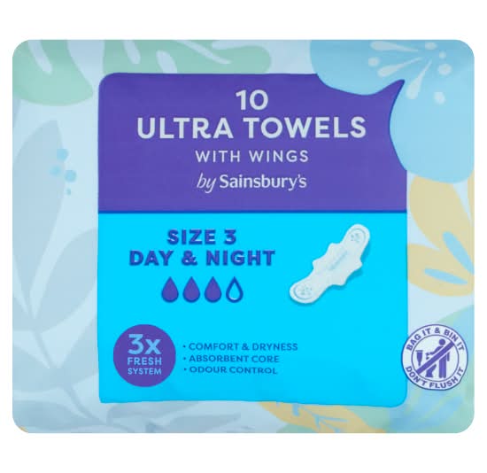 Sainsbury's Women, Size 3, Day & Night Ultra Towels With Wings (10 pack)
