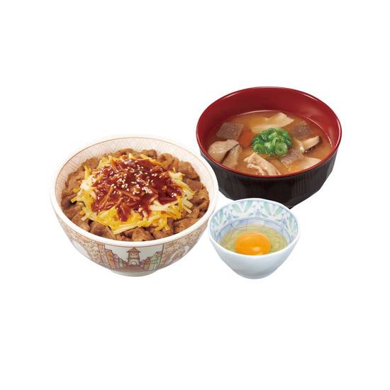 ヤンニョムチーズ牛丼とん汁たまごセット  Cheese Gyudon w/ Korean Spicy Sauce & Pork Miso Soup & Raw Egg