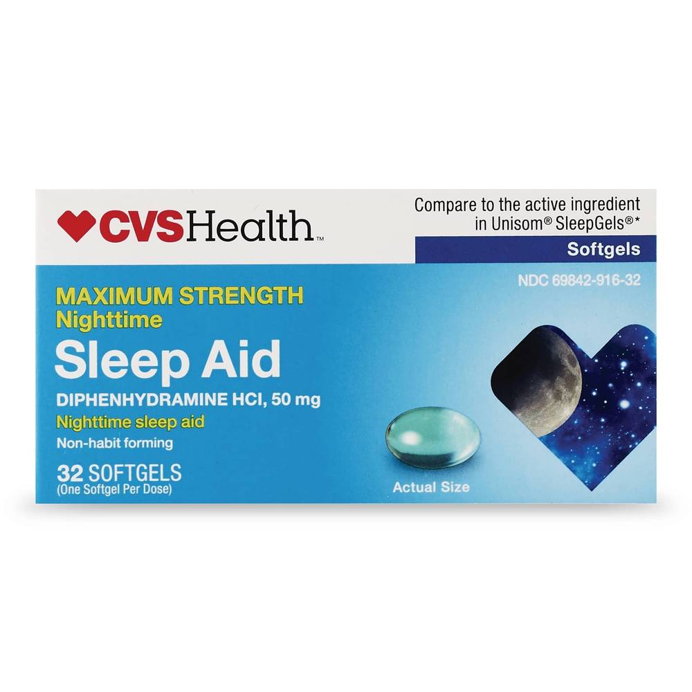 Cvs Health Maximum Strength Nighttime Sleep Aid Diphenhydramine Hci 50 Mg Softgels, 32 Ct