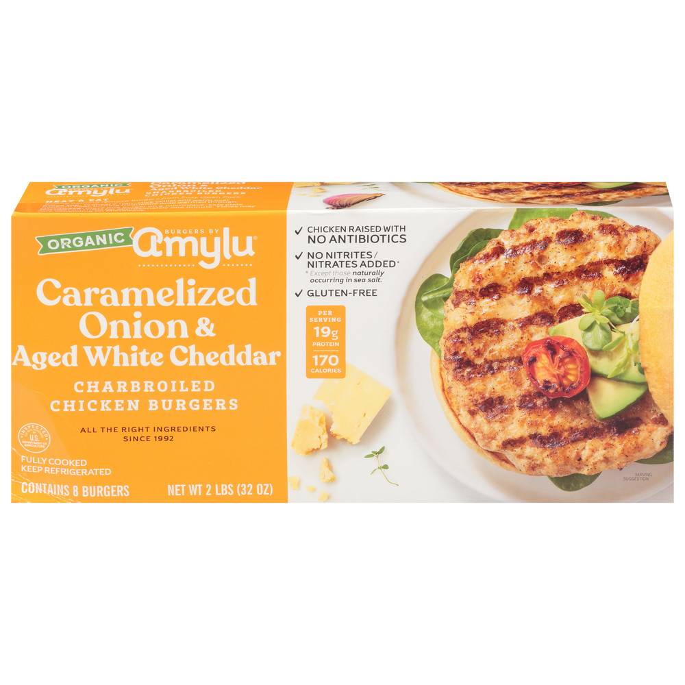 Amylu Foods Caramelized Onion & Aged White Cheddar Chicken Burgers (4 oz, 8 ct)