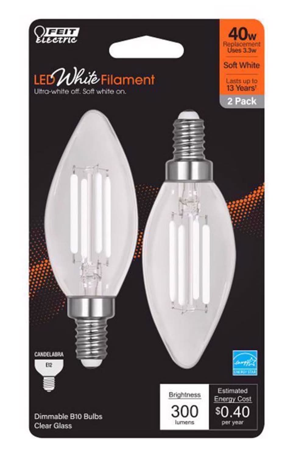 Feit Electric White B10 E12 (Candelabra) Filament Led Bulb Soft White 40 Watt Equivalence 2 Pk