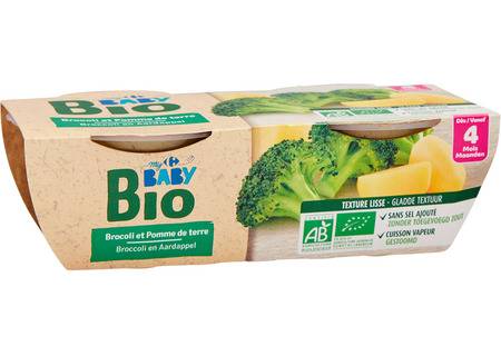 Plat bébé 4 mois, brocolis pomme de terre CARREFOUR BABY BIO - les 2 pots de 120g