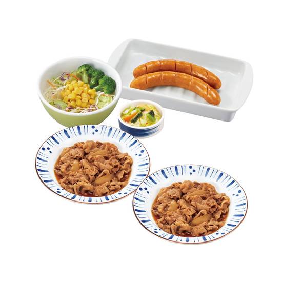 牛皿ソーセージセット Beef Plate 2x +  Sausage, Pickled Veggies, Salad Combo