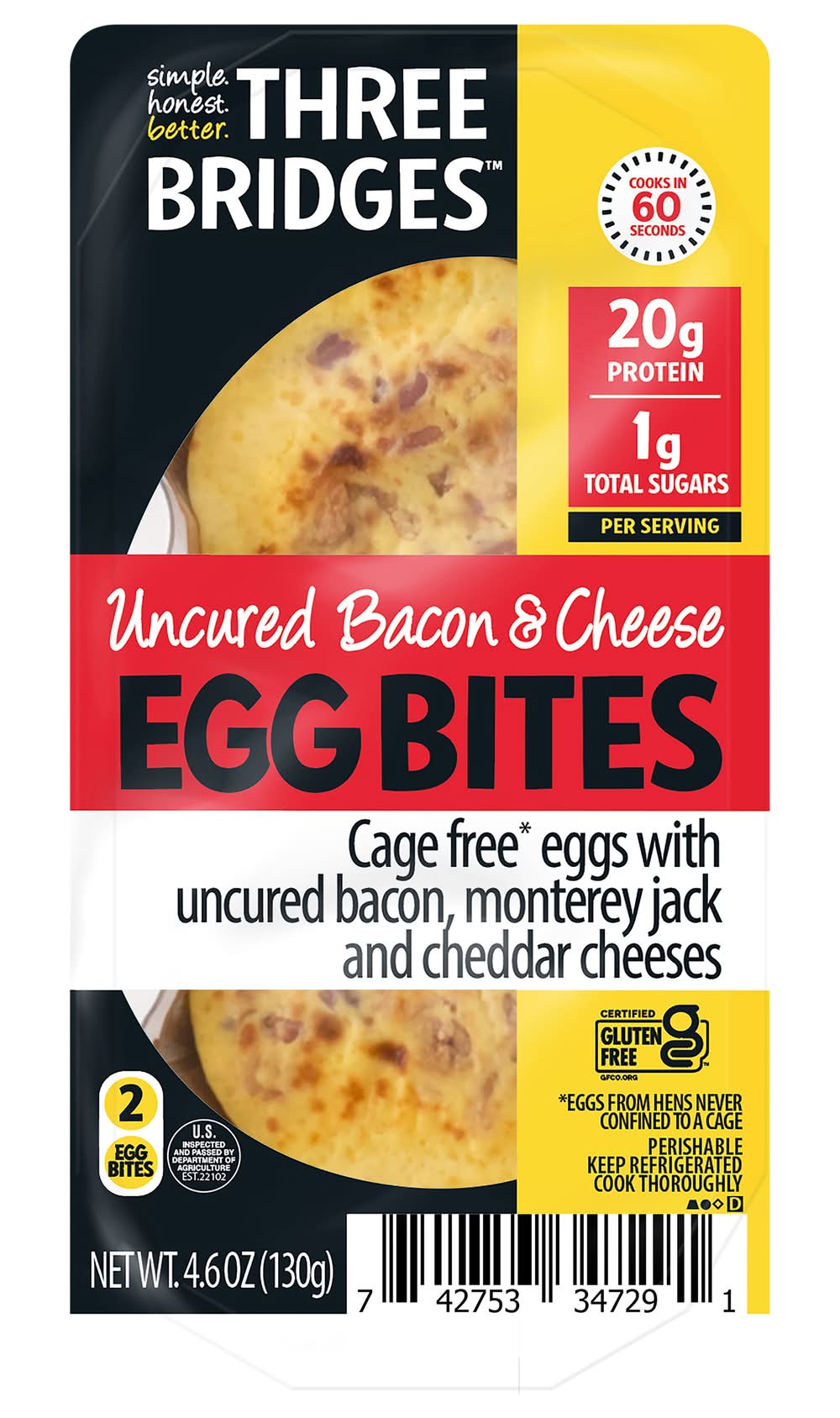 Three Bridges Uncured Egg Bites, Bacon & Cheese (4.6 oz, 2 ct)