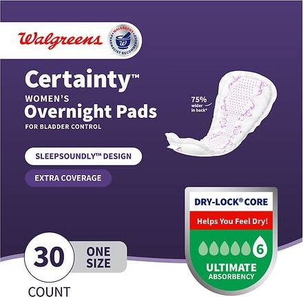 Walgreens Certainty Overnight Incontinence Pads Ultimate Absorbency, Female, One Size (30 ct)