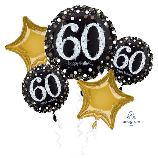 Uninflated Sparkling Celebration 60th Birthday Foil Balloon Bouquet, Black-Gold (5 ct)