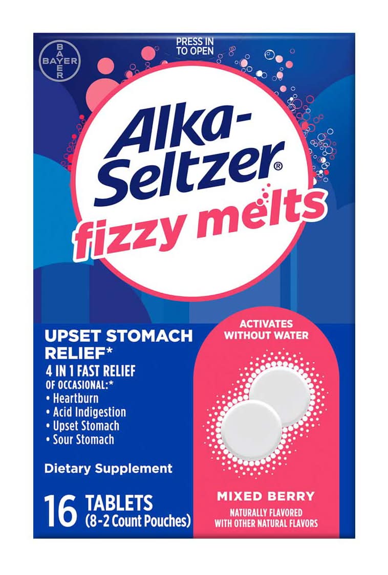 Alka-Seltzer Fizzy Melts Upset Stomach Relief Tablets, Mixed Berry (16 ct)