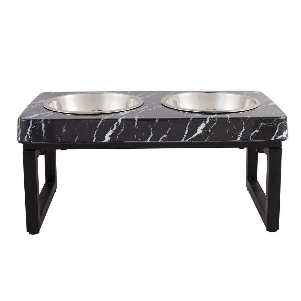 Whisker City® Foldable Black Marble Double Diner Elevated Cat Bowls, 1.25-cup (Color: Black, Size: 1.25 Cup)