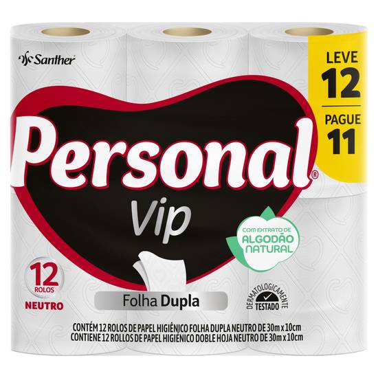 Santher papel higiênico folha dupla personal vip neutro (12 un)