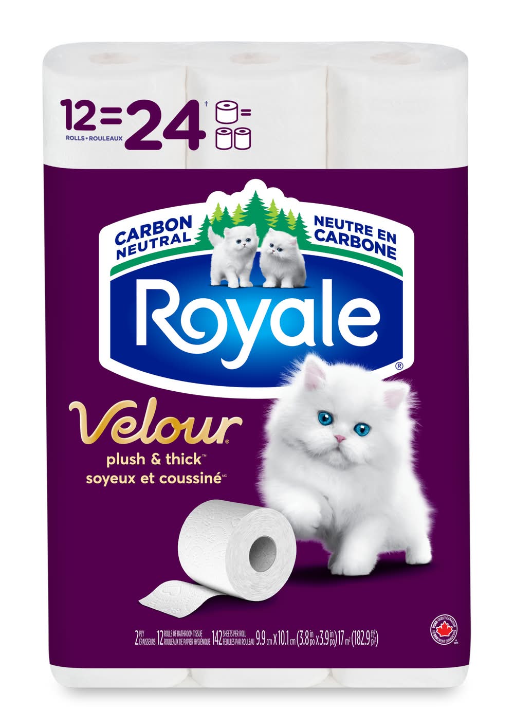 Royale papier hygiénique velour royale soyeux et coussiné - doux - rouleaux doubles - 12=24 rouleaux - hypoallergénique (12=24 rouleaux - 2 épaisseurs) - soft toilet paper velour plush and thick (12 double rolls)