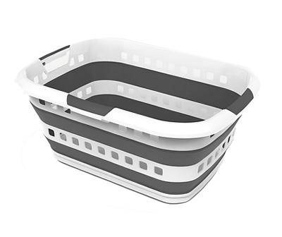 White & Gray Stripe Collapsible Laundry Basket