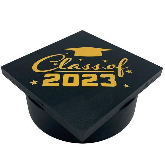 Black & Gold 2023 Graduation Cap Wood Treasure Box, 4.5in