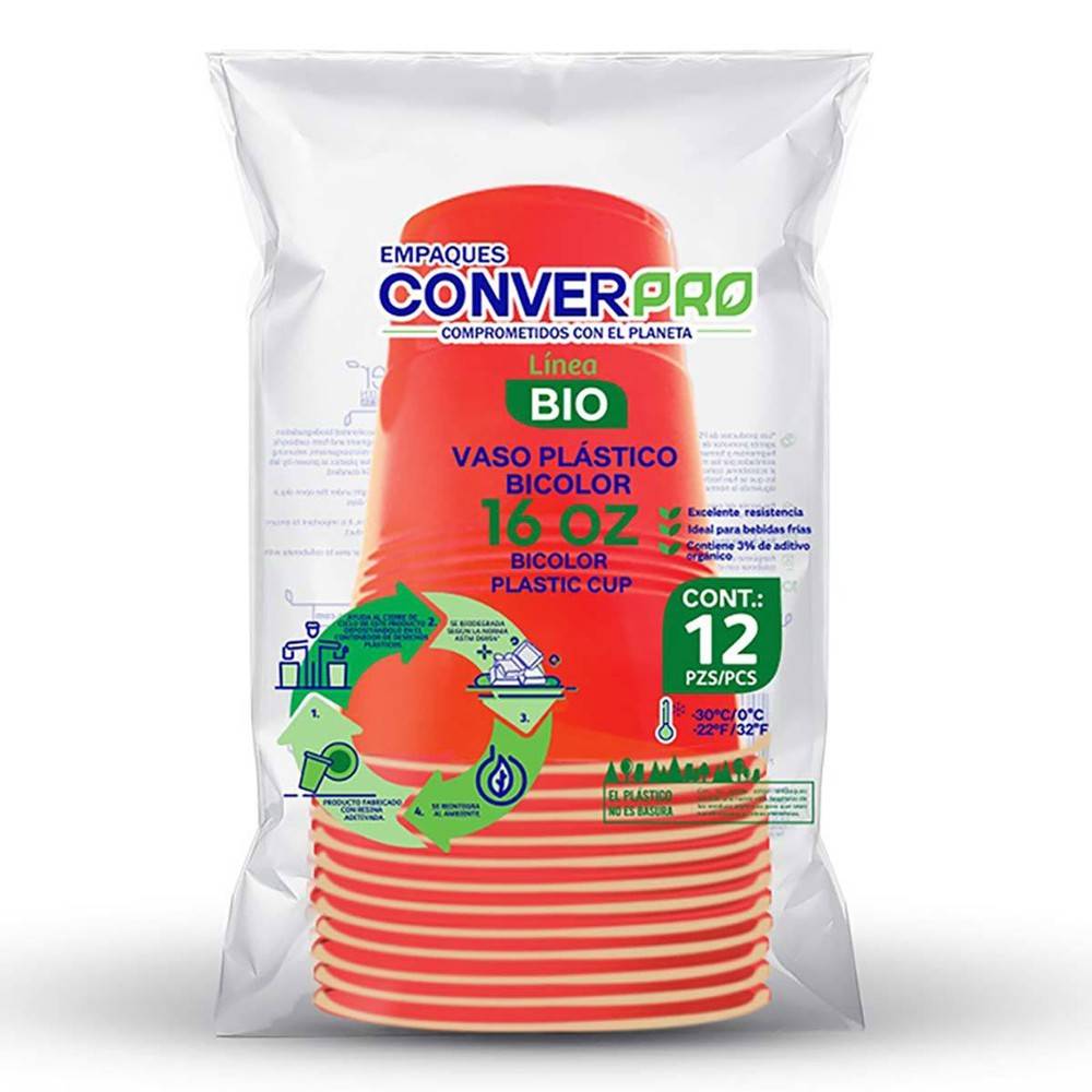 Converpro · Bio vaso plástico bicolor desechable biodegradable 16 oz (12 un)