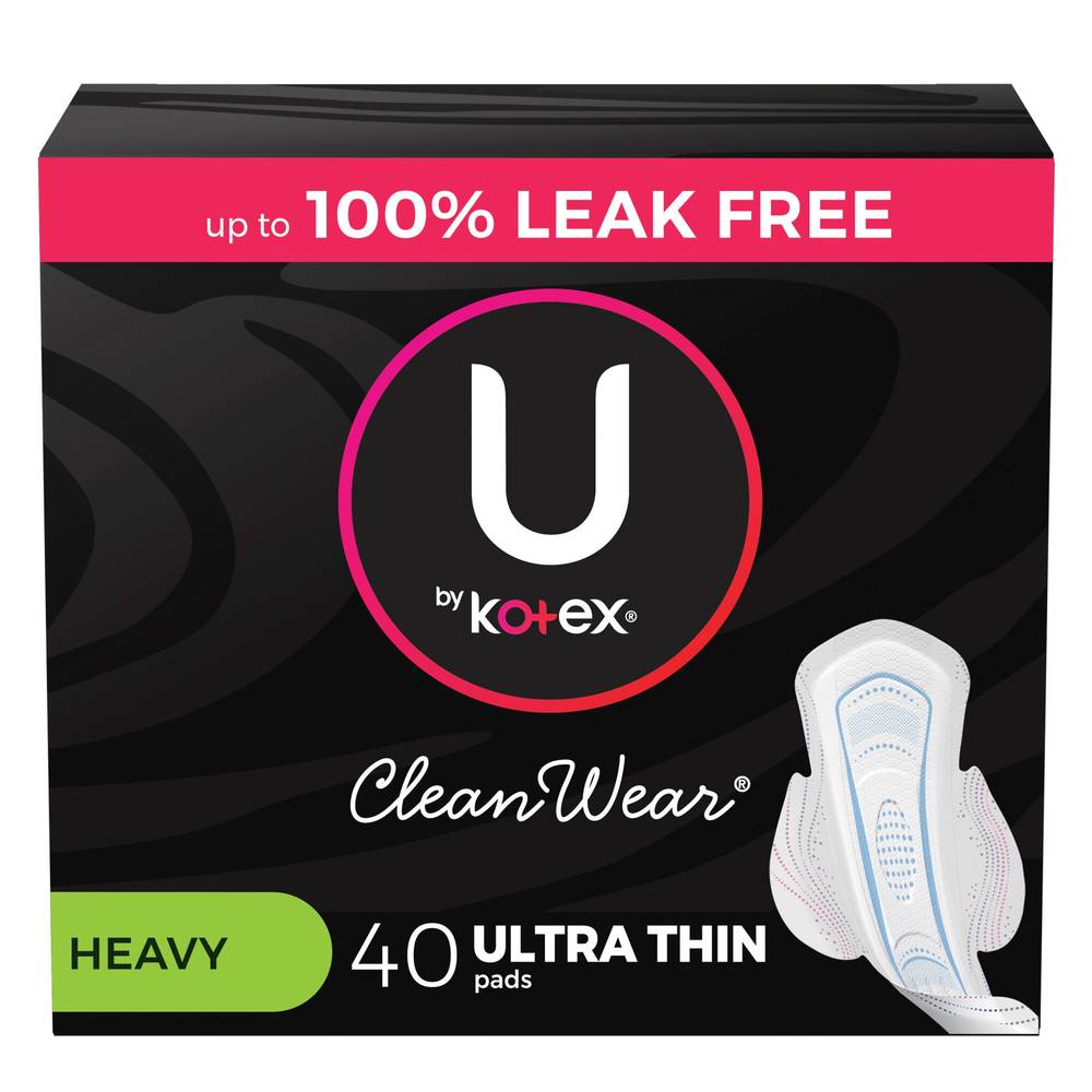 U by Kotex CleanWear Ultra Thin Heavy Flow Pads with Wings, Unscented, 44 Count