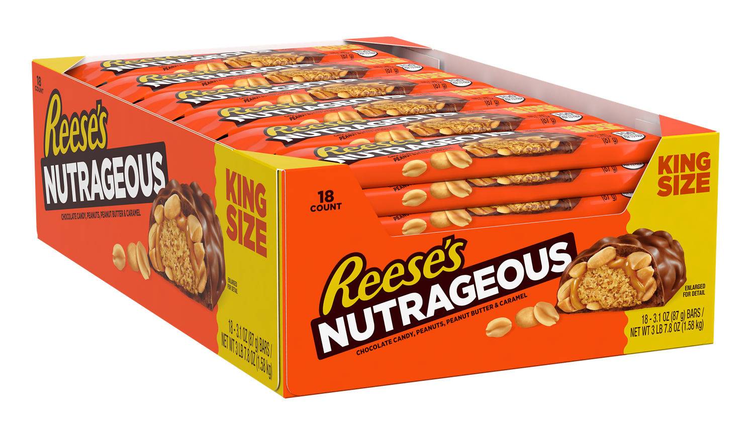 Reese's Nutrageous King Size Bar, Peanuts Butter-Caramel (55.8 oz, 18 ct)
