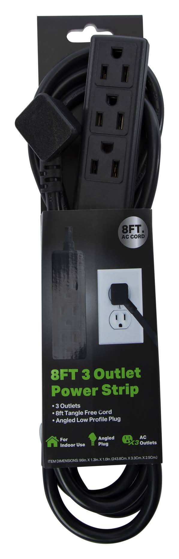 8ft Power Strip With 3 Outlets Black