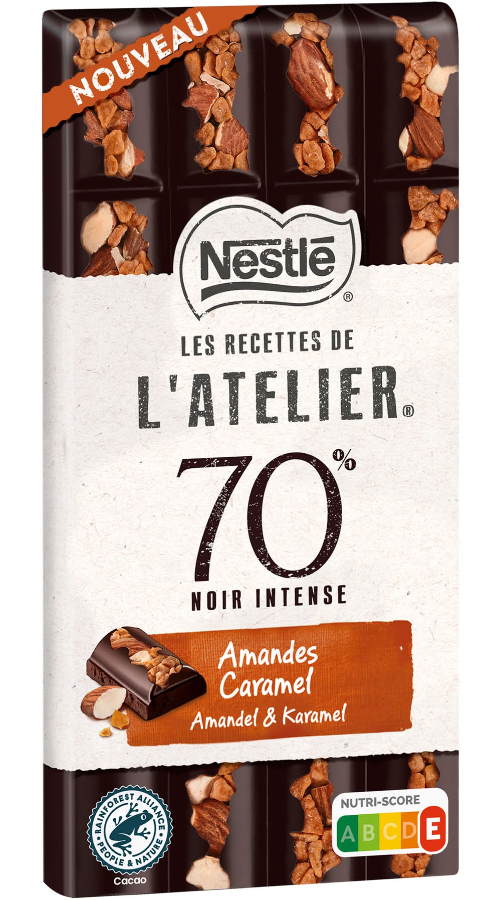 Les Recettes de l'Atelier - Tablette de chocolat noir 70% intense, amandes caramel (150g)