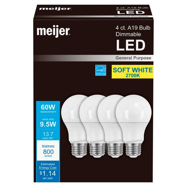 Meijer Led 9.5w A19 Dimmable Light Bulb, Soft White, 60w Equivalent