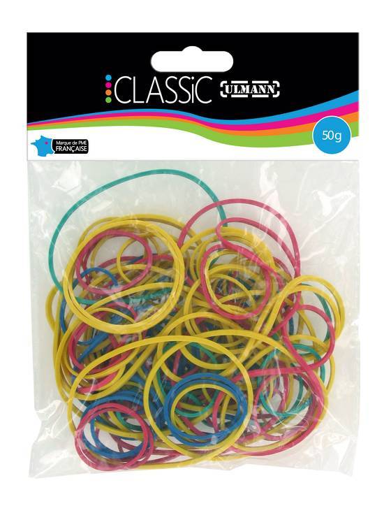 Pochette de 50 g de bracelets caoutchouc, couleurs et tailles assorties