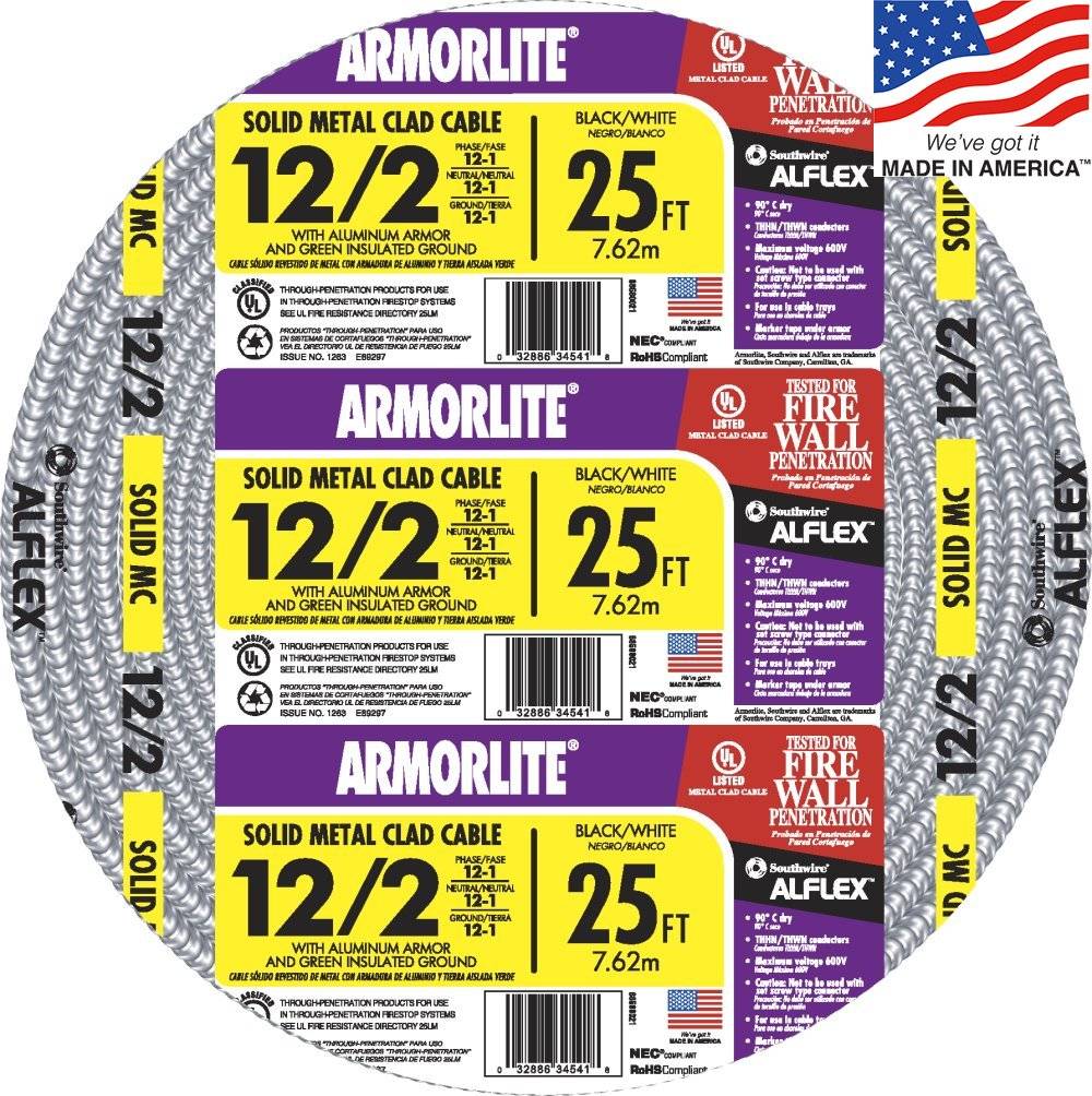 Southwire Armorlite 25-ft 12/2 Solid Aluminum MC (Metal Clad) Cable | 68580021