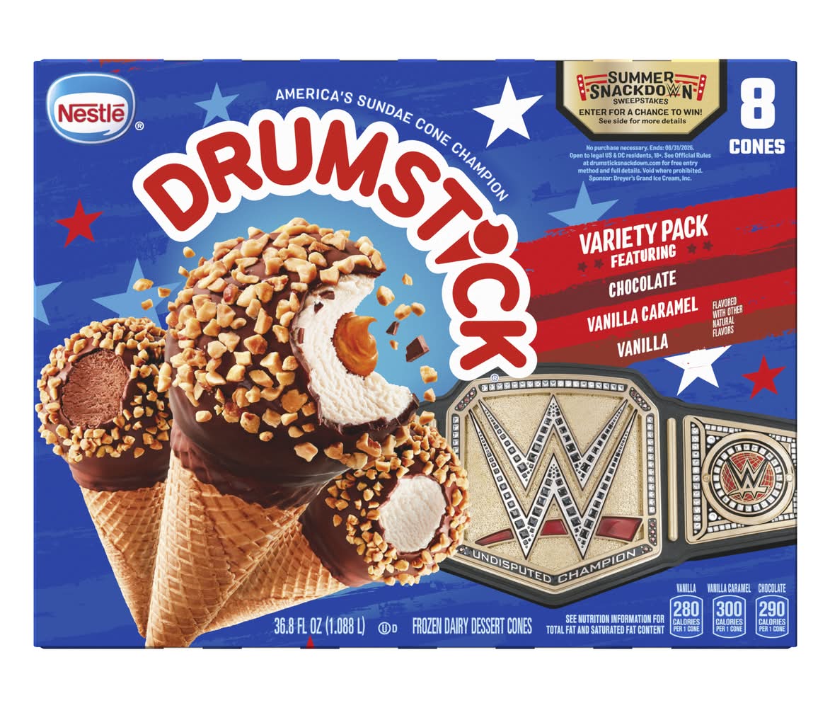 Drumstick The Original Sundae Ice Cream Cones Variety pack, Chocolate-Vanilla-Vanilla Caramel (36.8 fl oz, 8 ct)