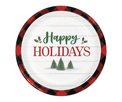 "Happy Holidays" Tree & Plaid Paper Dessert Plates, 32-Count