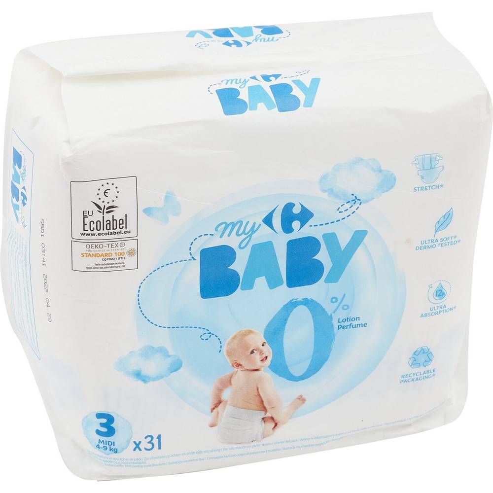 Carrefour Baby - Couches 0% lotion taille-3 midi, 4-9kg (31 pièces)