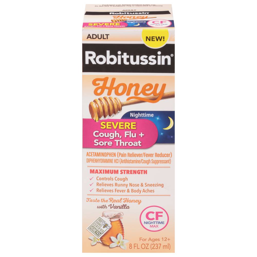 Robitussin Honey Nighttime Severe Cough Flu + Sore Throat Relief (8 fl oz)