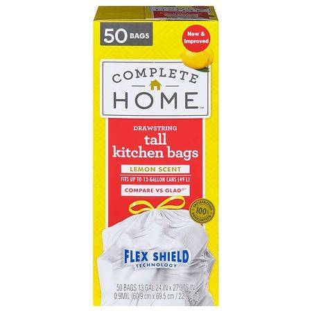 Complete Home Drawstring Flex Shield Lemon Scent 13 Gallons Kitchen Bags