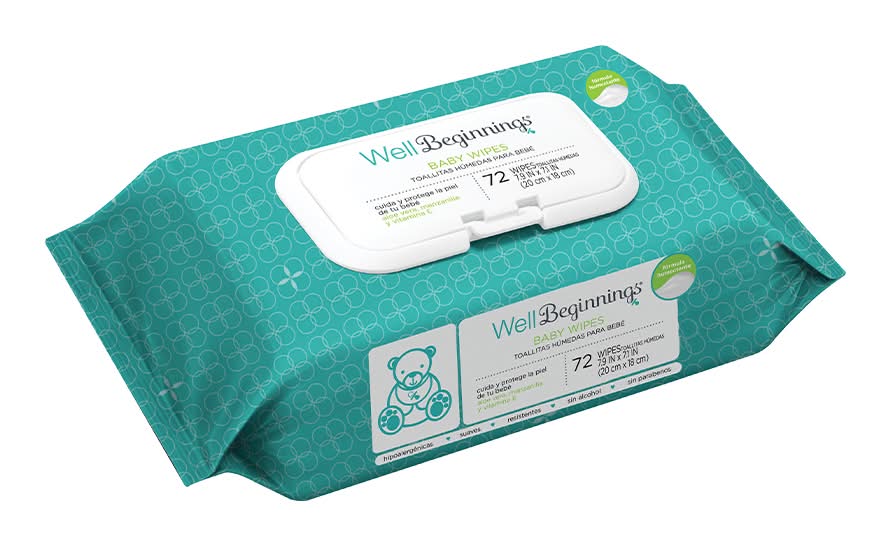 Well Beginnings · Toallitas húmedas desechables sensitive para bebés (72 un)