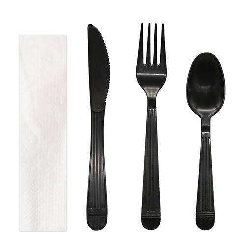 Party Essentials - Black Cutlery (Knife, Fork, Napkin, & Spoon) 4 Pcs - 250 Ct (1X250|Case of 1)