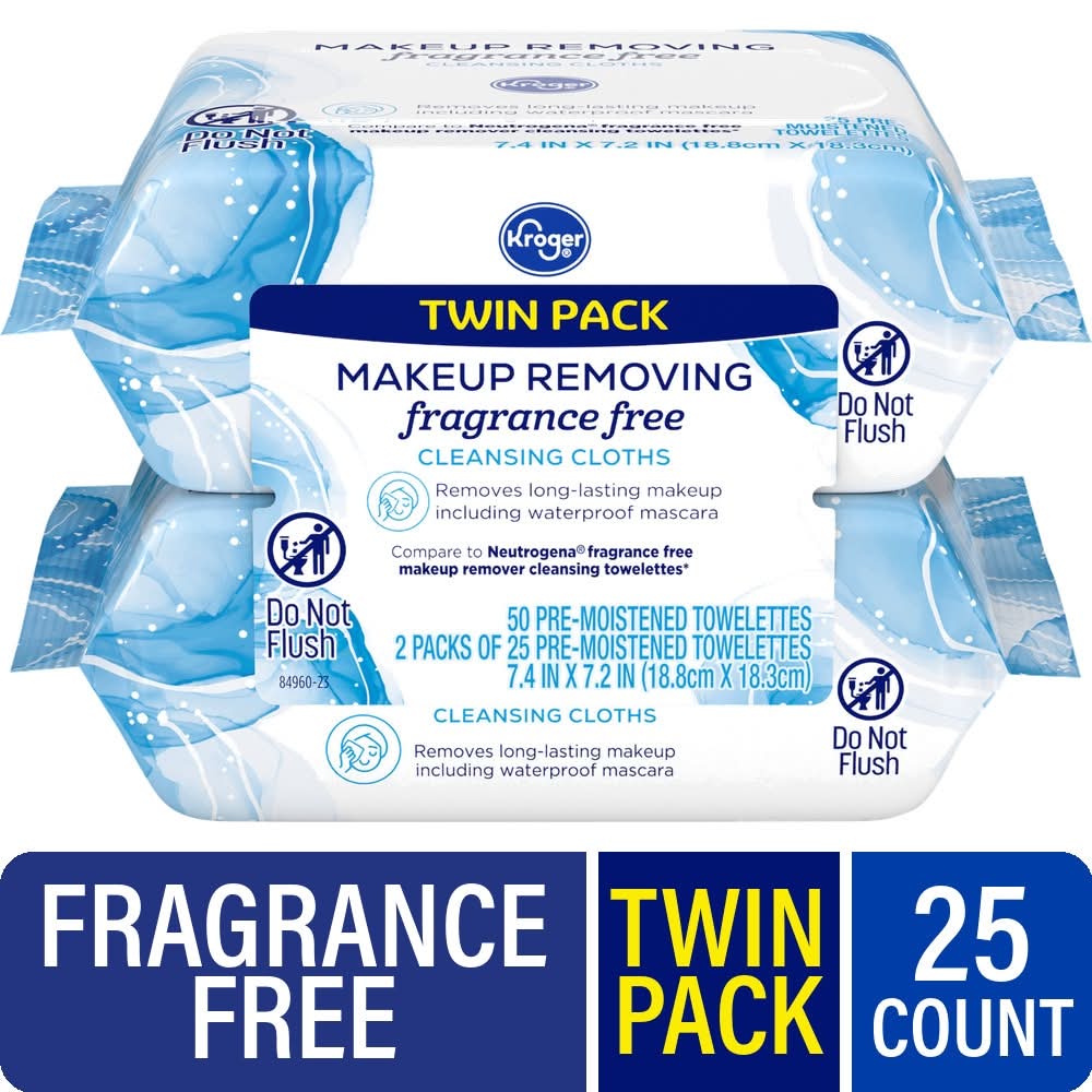 Kroger Fragrance Free Makeup Removing & Cleansing Cloths, 7.4x7.2 in (25 ct)