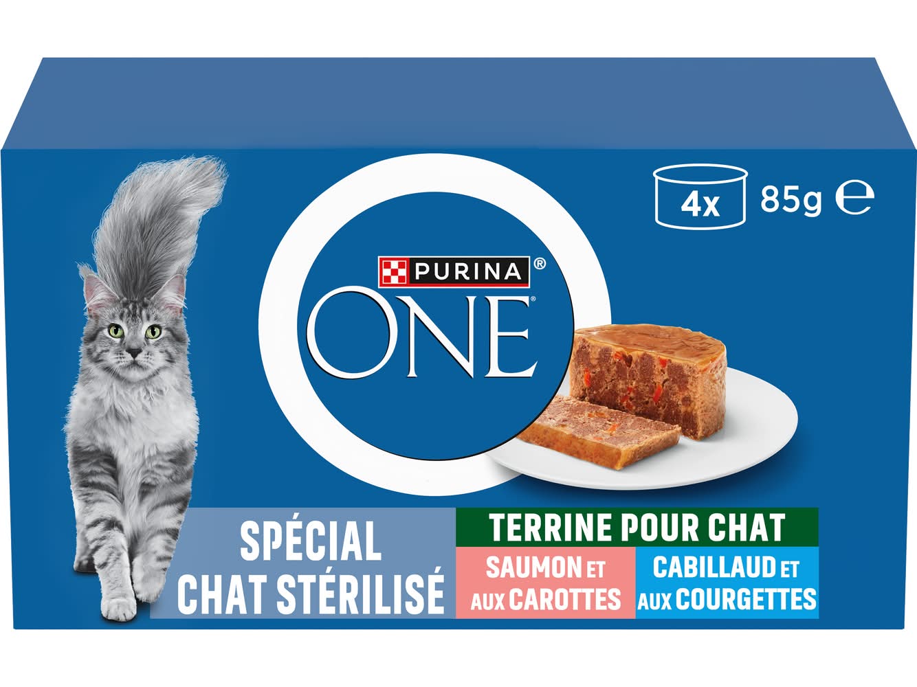 Purina One - Terrines pour chat stérilisé, saumon at aux carottes-cabillaud et aux courgettes (4 x 85g)