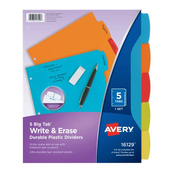 Avery Big Tab Write & Erase Durable Plastic Dividers Brights (5 ct)