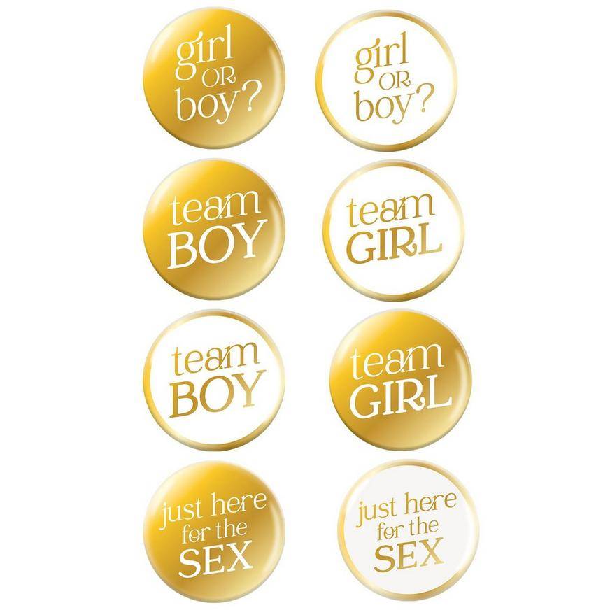 Metallic Gold Just Here for the Sex Gender Reveal Metal Plastic Buttons, 2.5in, 10ct