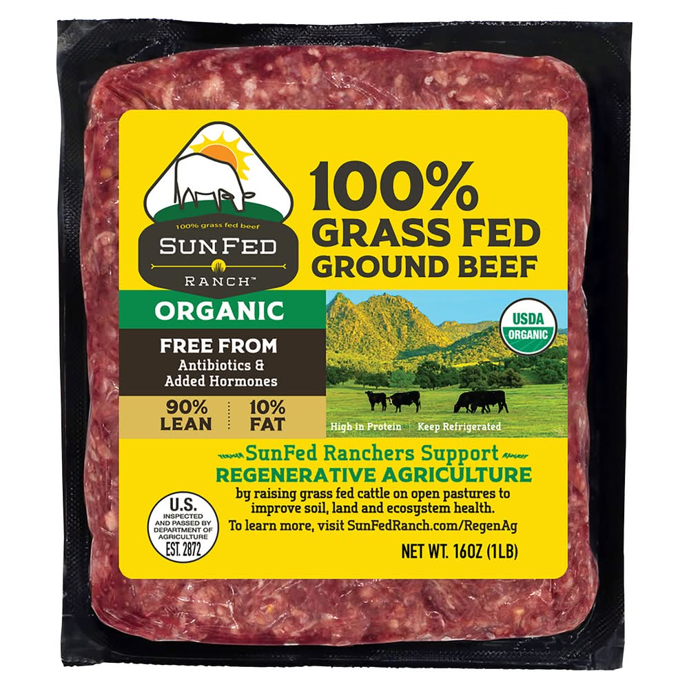 SunFed Ranch Grass Fed Organic Ground Beef, 10% Fat (1 lbs)