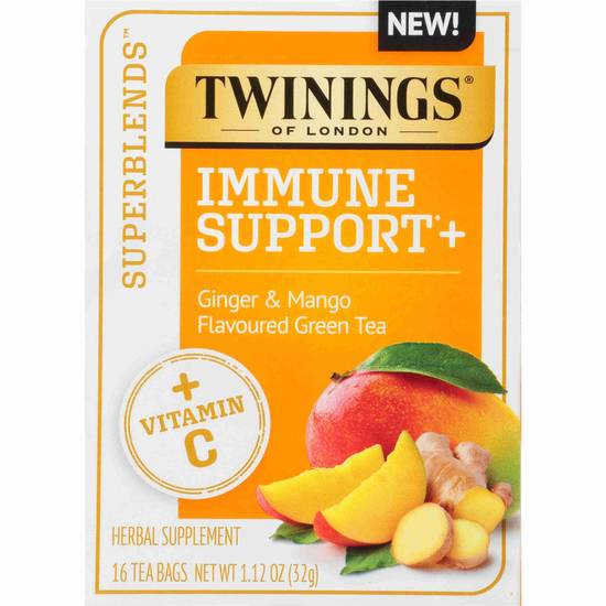 Twinings Superblends Immune Support+ Ginger & Mango Flavoured Green Tea with Vitamin C, 16 CT