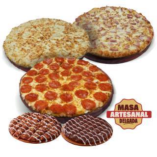 Súper Trio de pizzas  GRANDES 14" en masa TRADICIONAL + POSTRE
