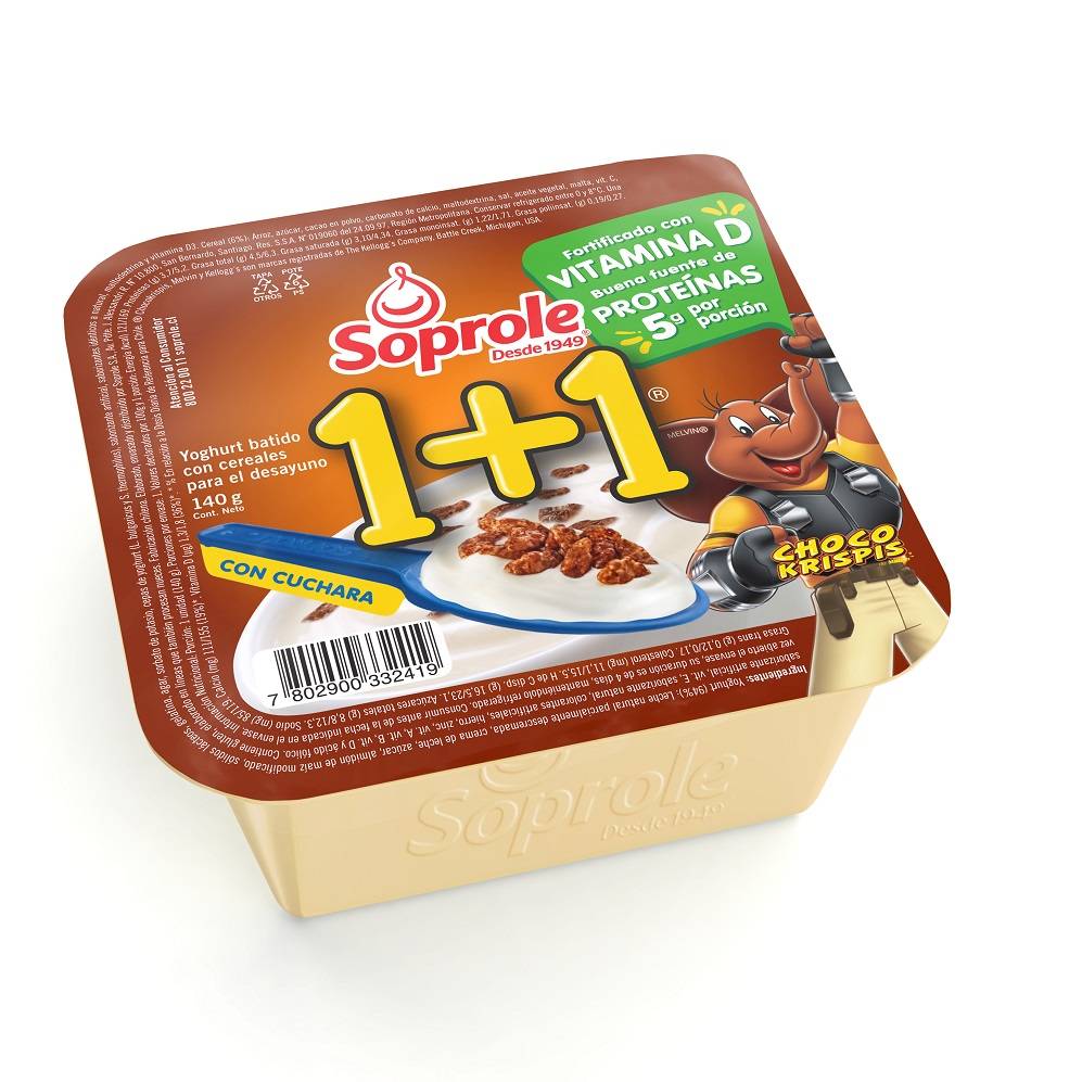 Soprole 1+1 yoghurt con cereal choco krispis (pote 140 g)