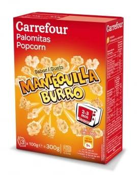 Palomitas sabor mantequilla para microondas Carrefour pack de 3 bolsas de 100 g.