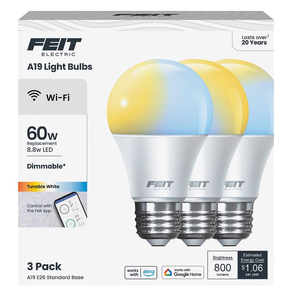 Feit Electric A19 E26 (Medium) Smart-Enabled Led Bulb Tunable White 60 Watt Equivalence 3 Pk