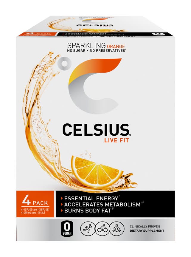 Celsius Live Fit Sparkling Energy Drink, Orange (4 x 12 fl oz)