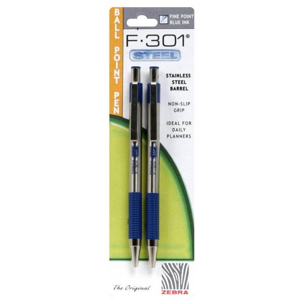 Zebra Pen Bca F-301 Ballpoint Pens, Fine Point, Stainless Steel Barrel (2 pack)