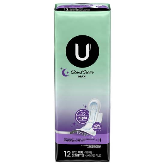 U By Kotex Security Extra Heavy Overnight +Wings Maxi Pads (12 ct)