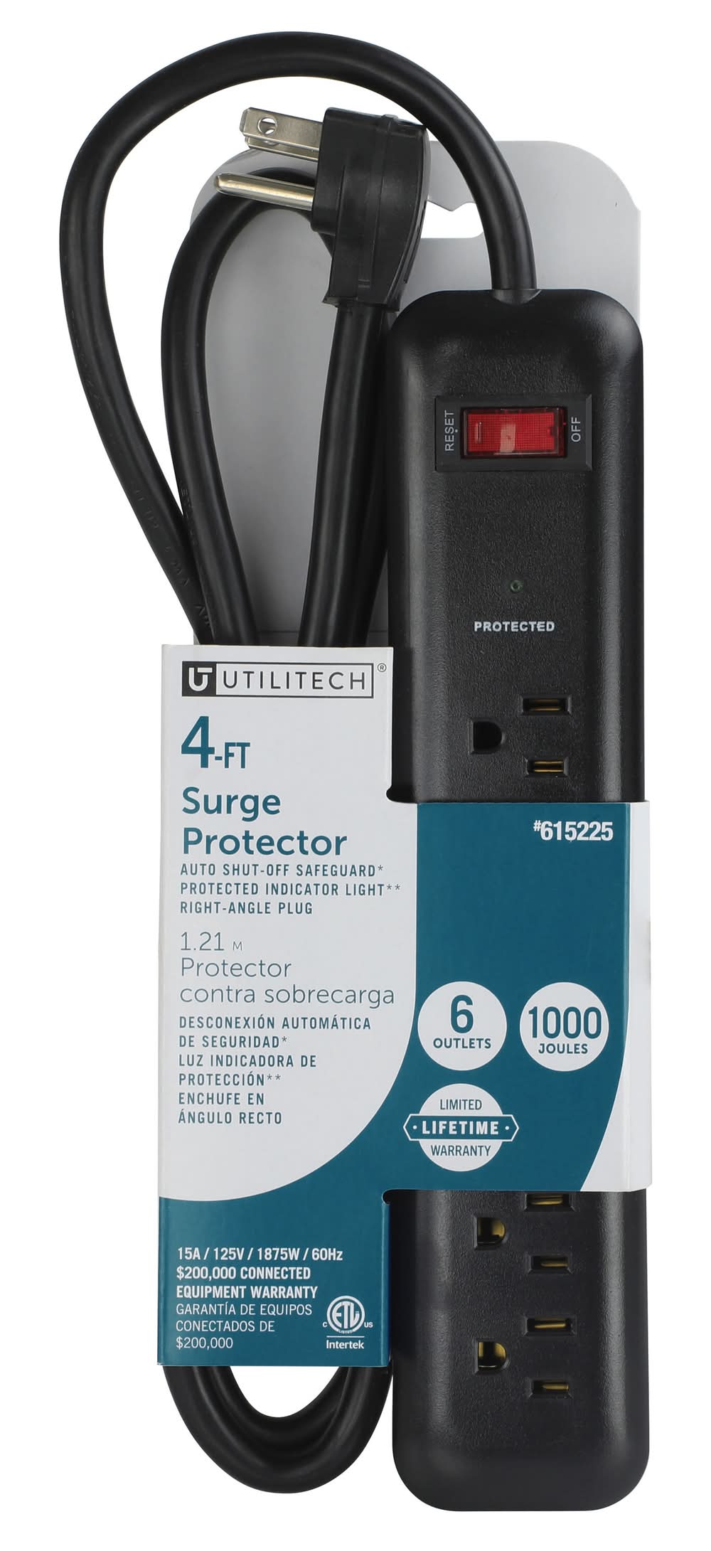Utilitech 4-ft Surge Protector 6 -Outlet 1000 Joules 1875 -Watts Black Indoor AC Surge Protector