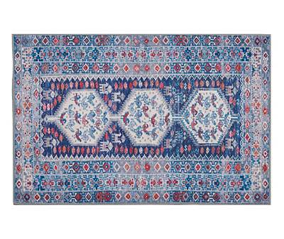 Blue & Red Distressed Geometric Persian Accent Rug, (36" x 24")