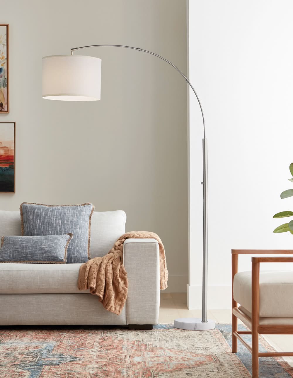 allen + roth 73-in Brushed Steel Arc Floor Lamp with Fabric Shade